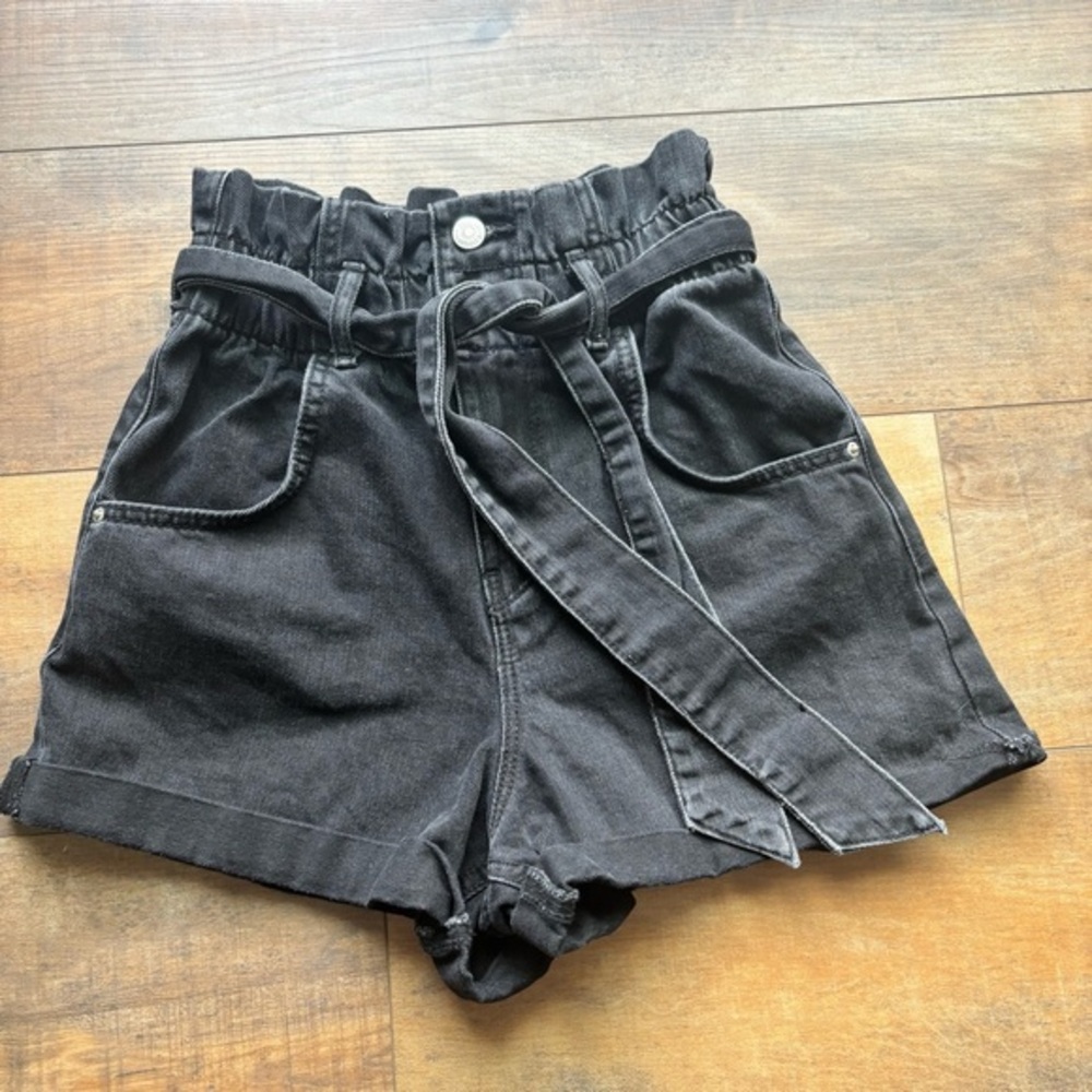 Zara High Rise Belted Paperbag‎ Faded Black Jean Denim Short Size 00